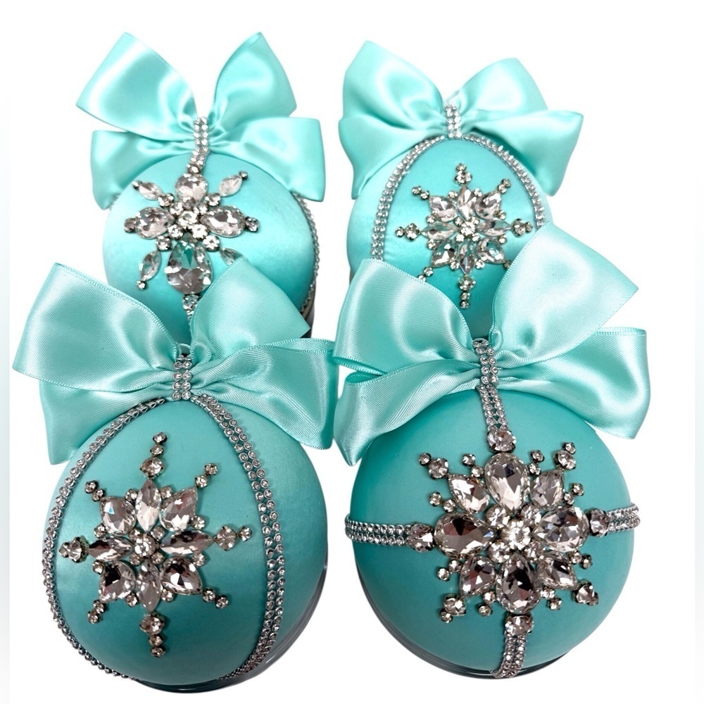 Handmade Elegant Turquoise Ornaments with Rhinestones Set of 4 EUC